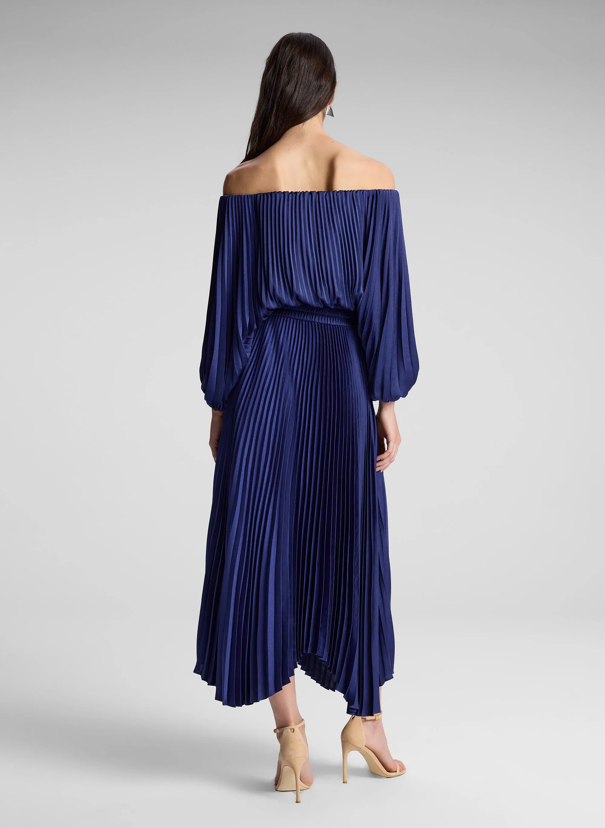 Sienna Satin Pleated Off Shoulder Dress