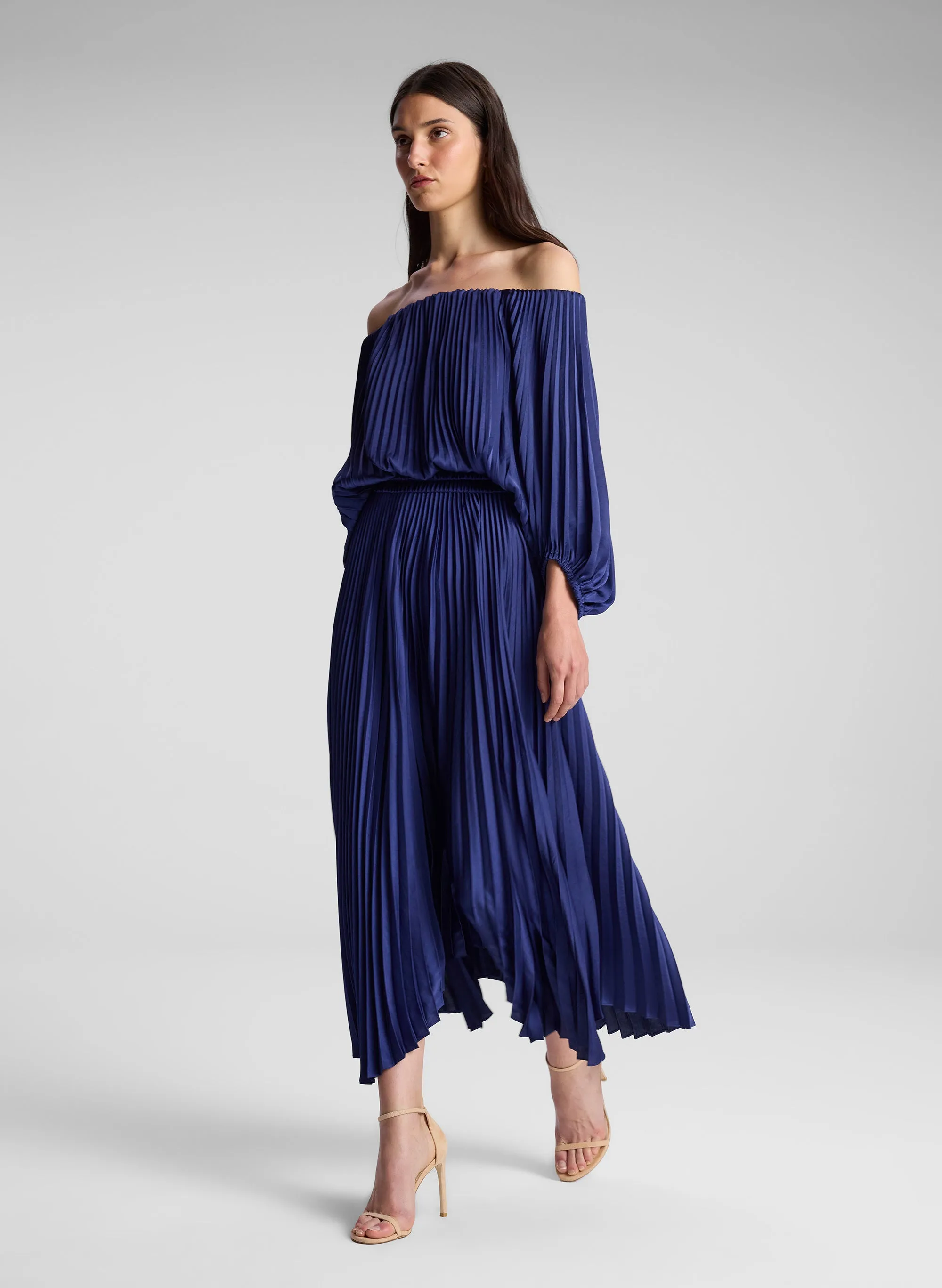 Sienna Satin Pleated Off Shoulder Dress