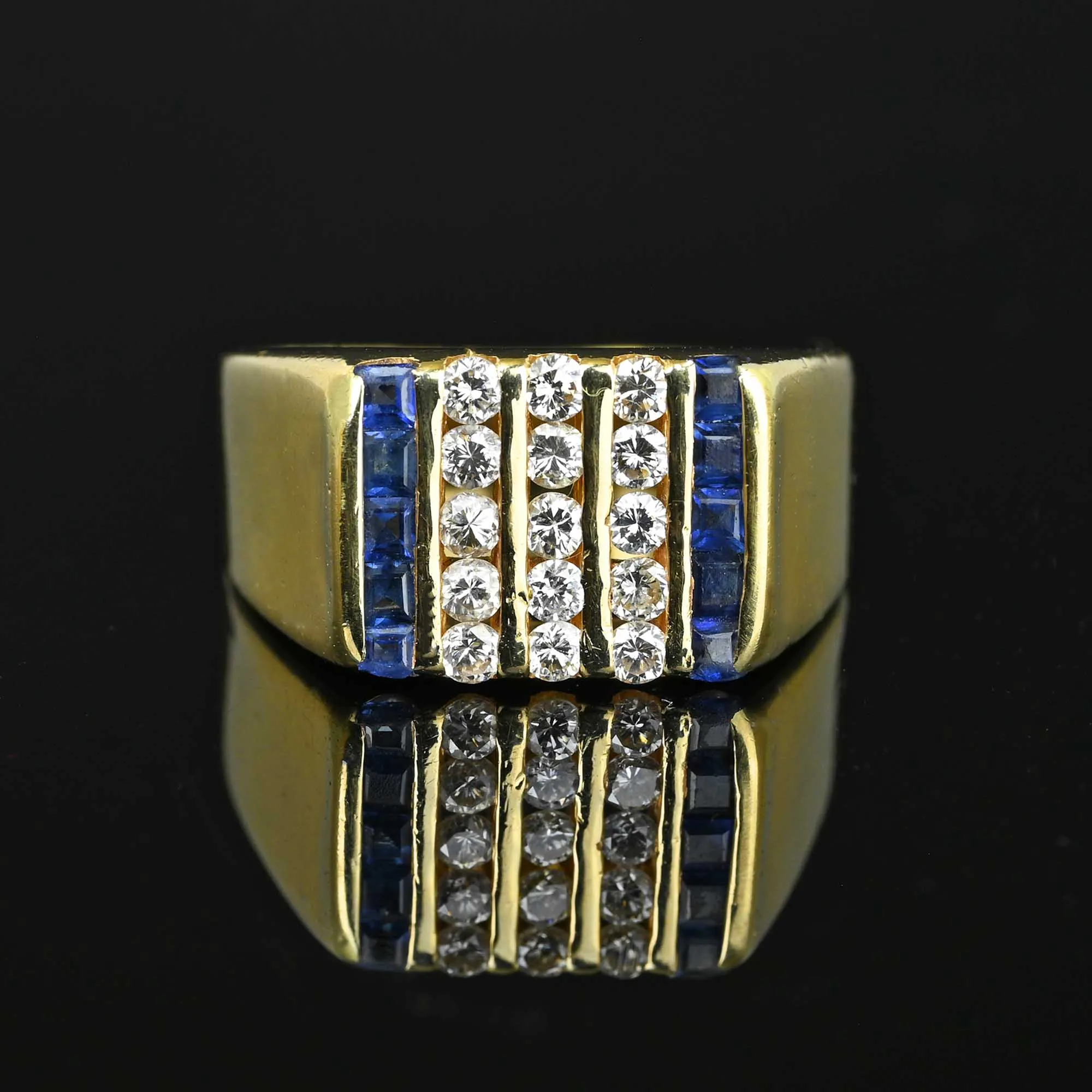 Signet Style Three Row Diamond Sapphire Ring 14K Gold