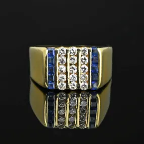 Signet Style Three Row Diamond Sapphire Ring 14K Gold