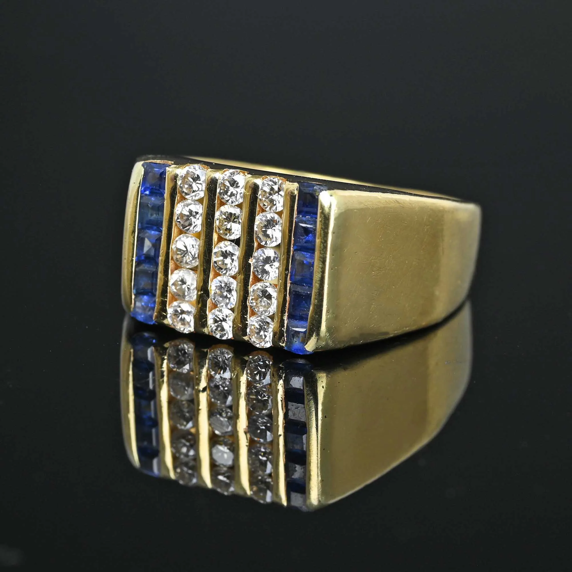 Signet Style Three Row Diamond Sapphire Ring 14K Gold