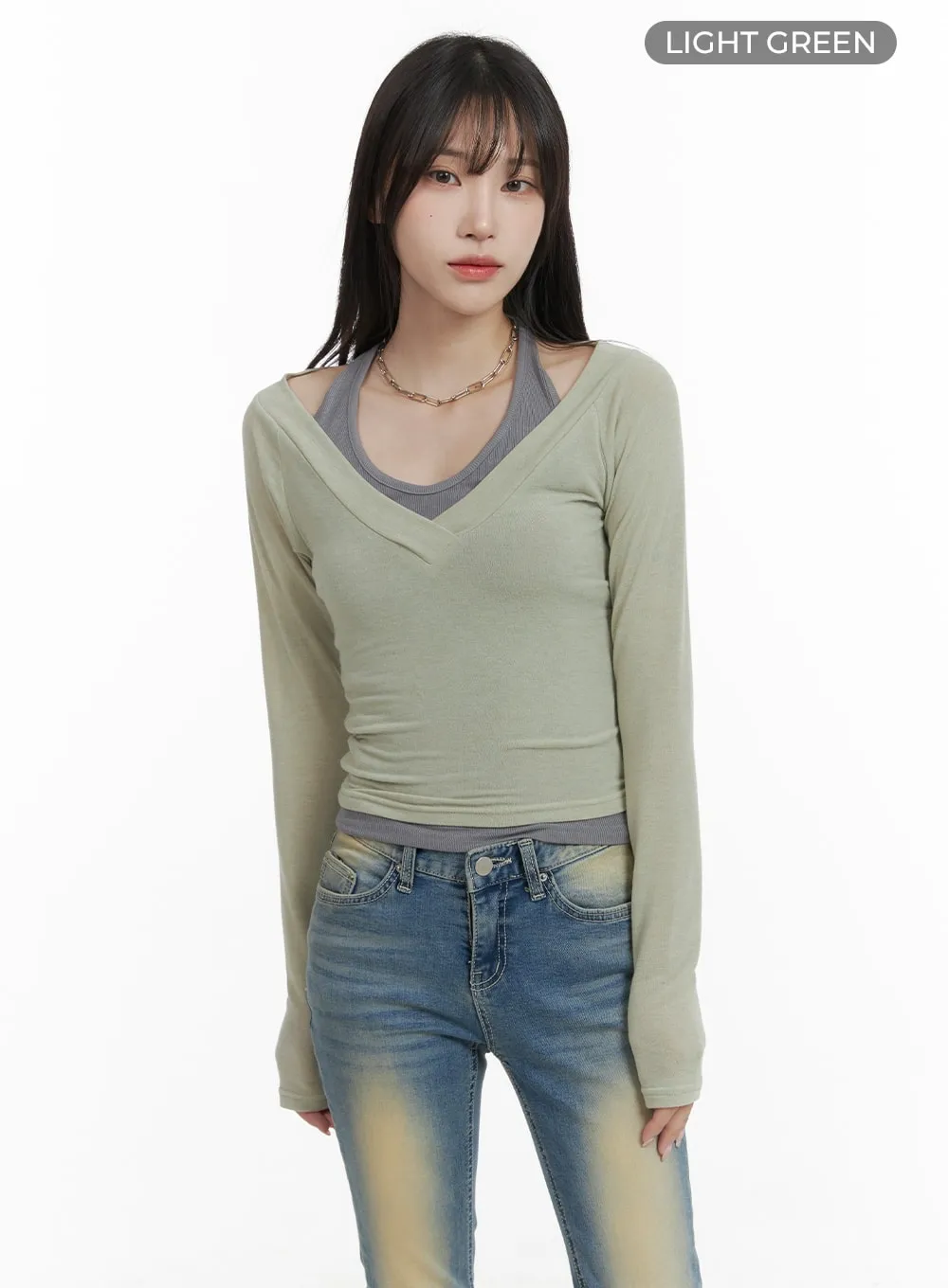 Solid V-Neck Long Sleeve Top CA402