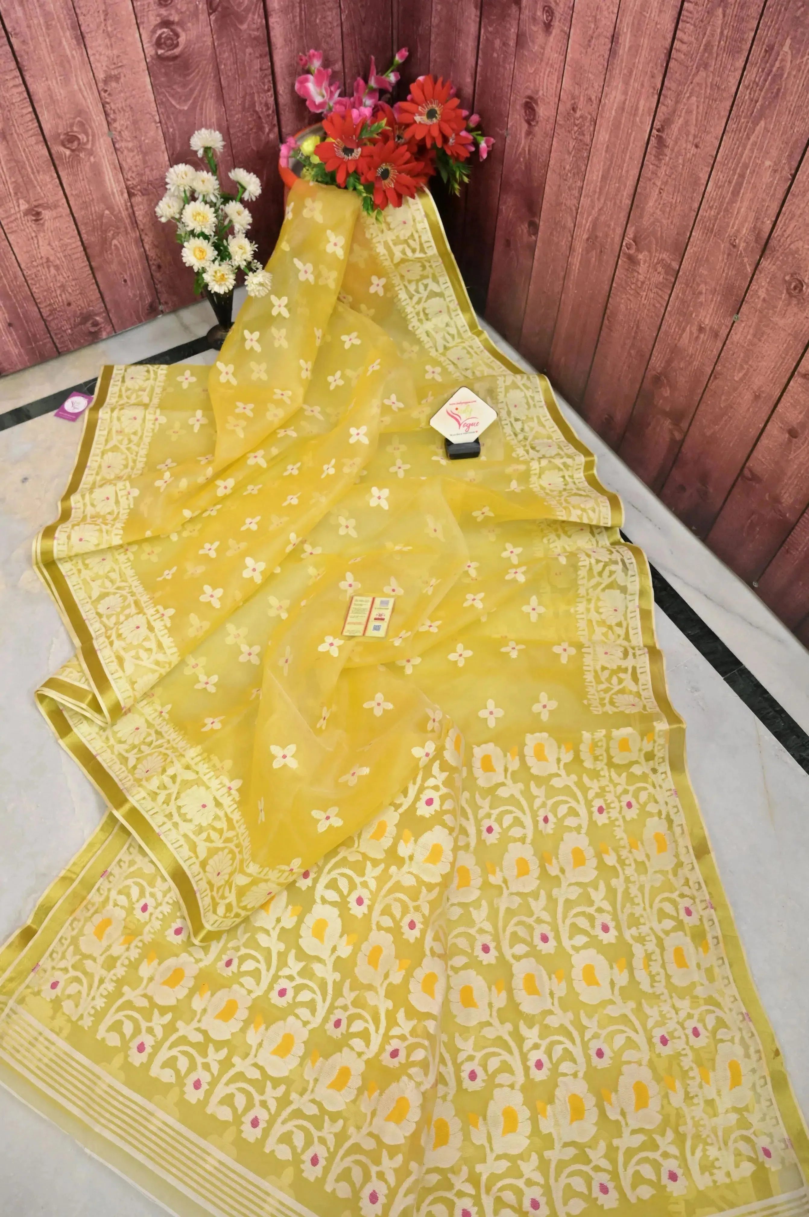 Sunflower Yellow Color Pure Muslin Jamdani Saree with Meenakari Work