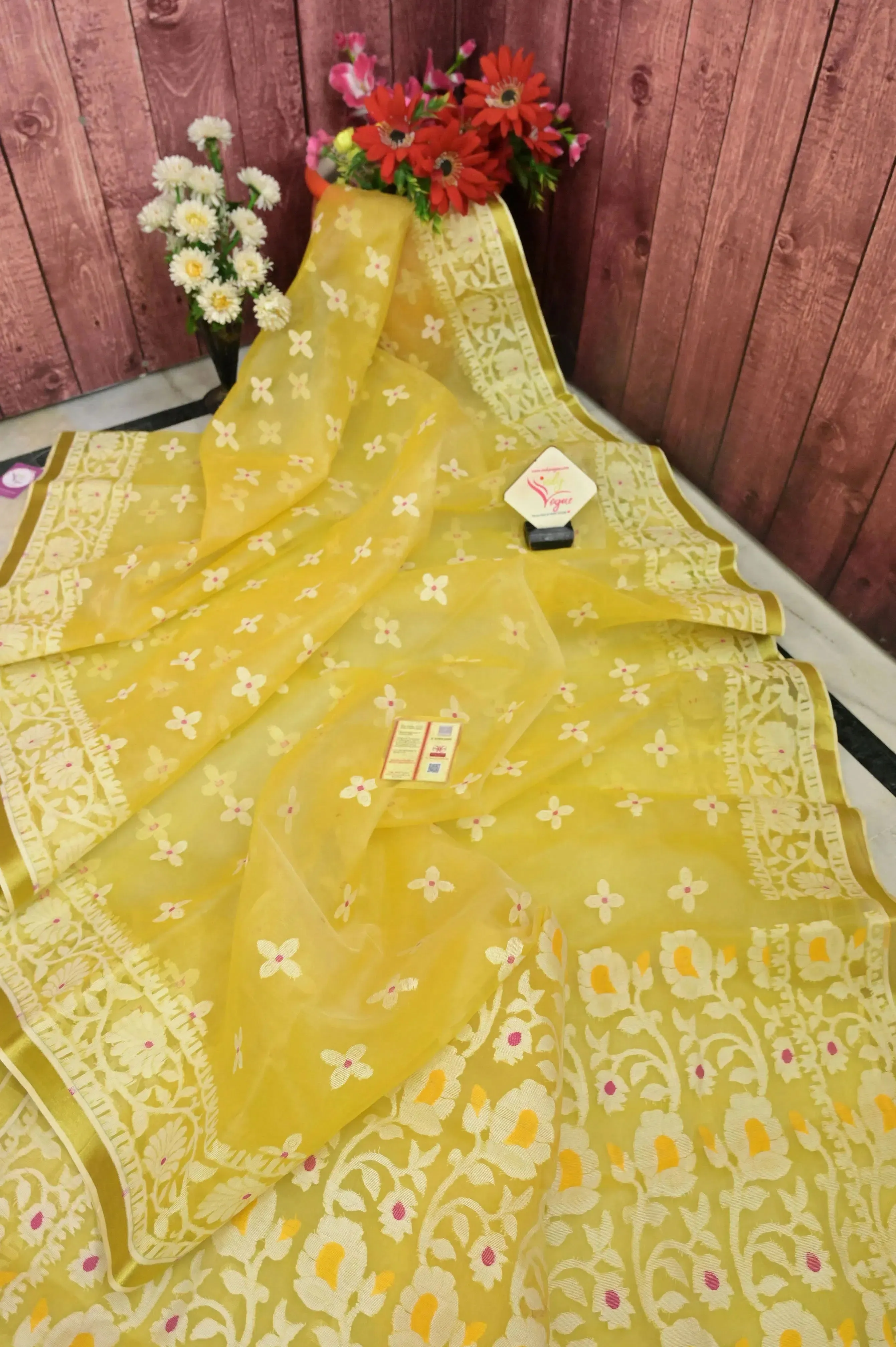 Sunflower Yellow Color Pure Muslin Jamdani Saree with Meenakari Work