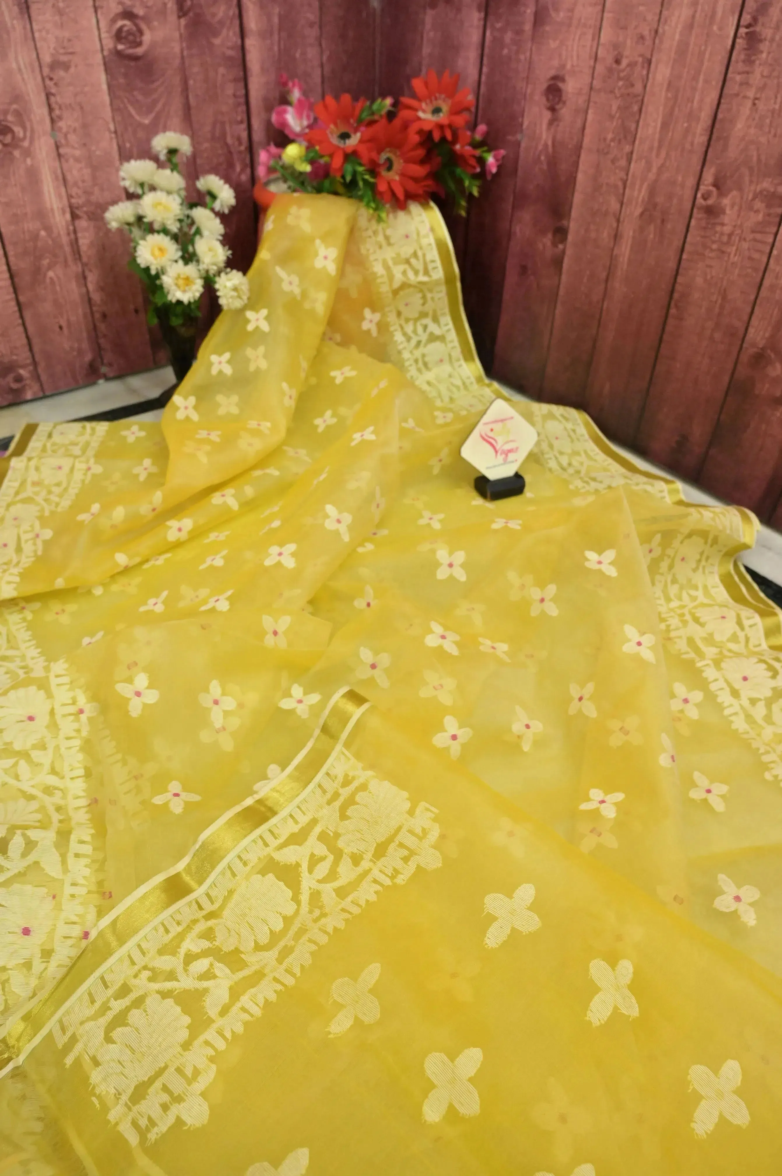 Sunflower Yellow Color Pure Muslin Jamdani Saree with Meenakari Work