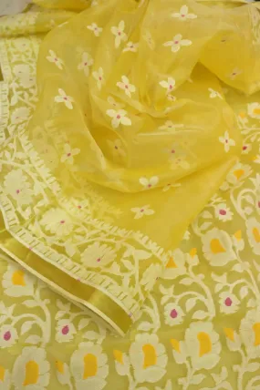 Sunflower Yellow Color Pure Muslin Jamdani Saree with Meenakari Work