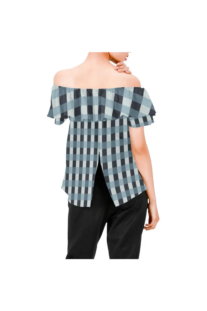 Tartan Turquoise Women's Off Shoulder Blouse with Ruffle