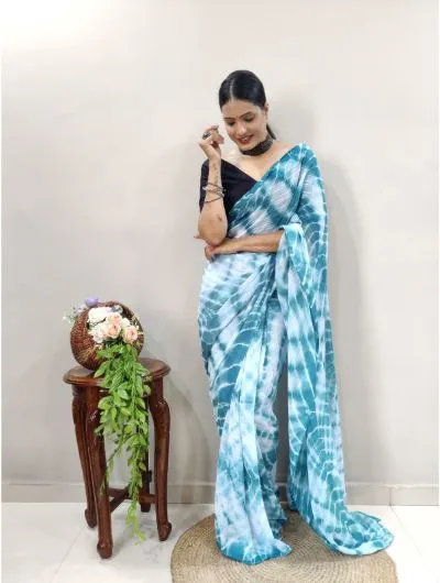 Teal Blue Lehariya Soft Fabric 1 Minute Saree Ready to Wear Sari