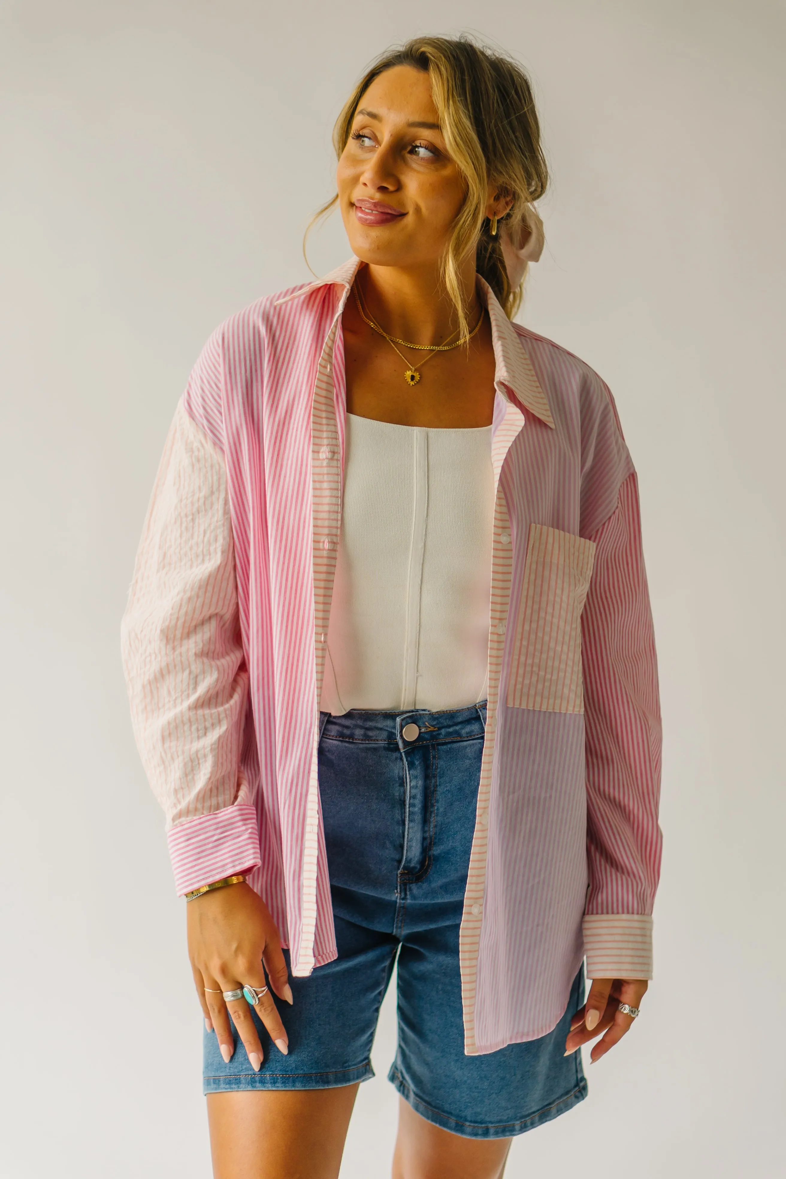 The Jameson Striped Button-Up Blouse in Pink Combo