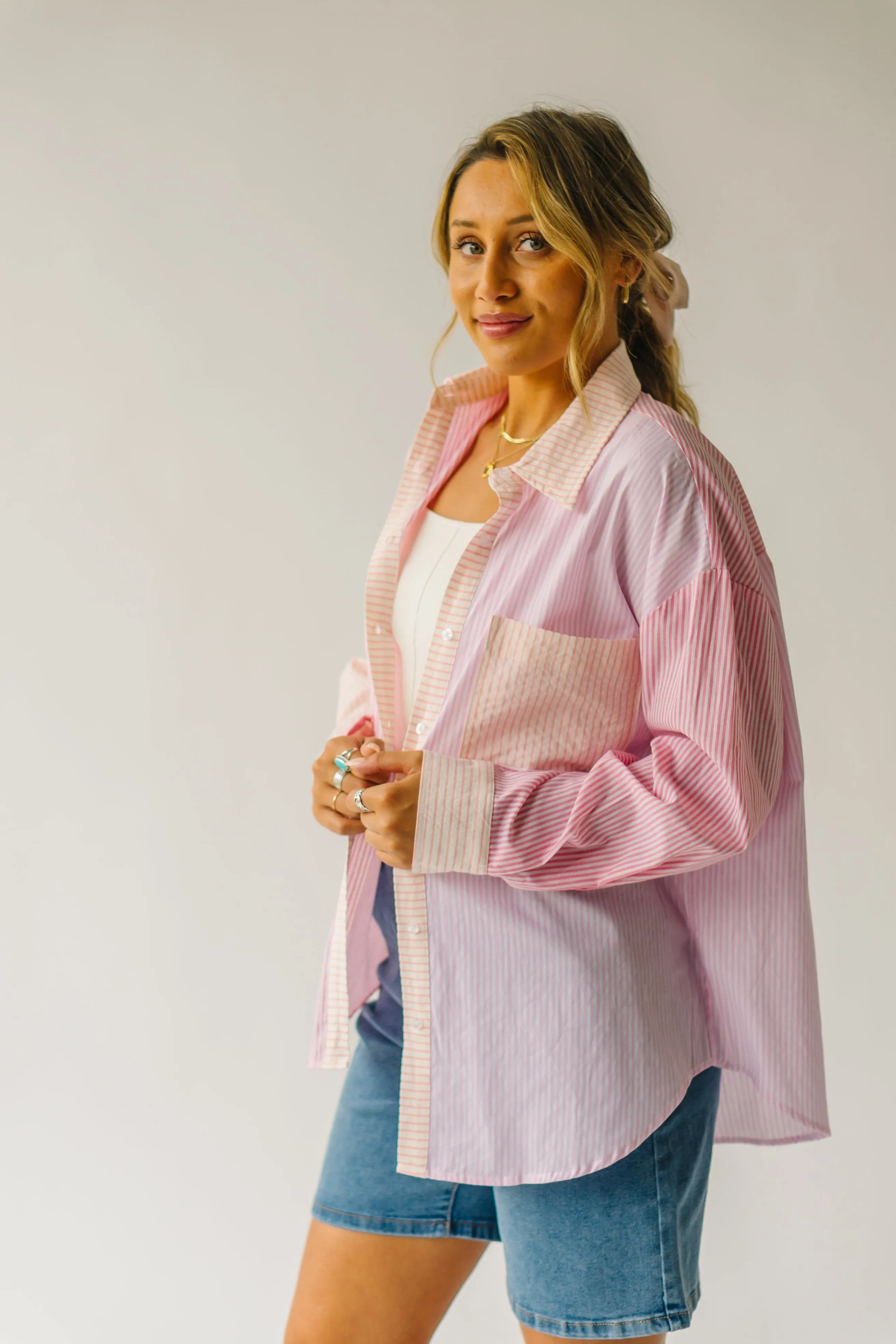 The Jameson Striped Button-Up Blouse in Pink Combo