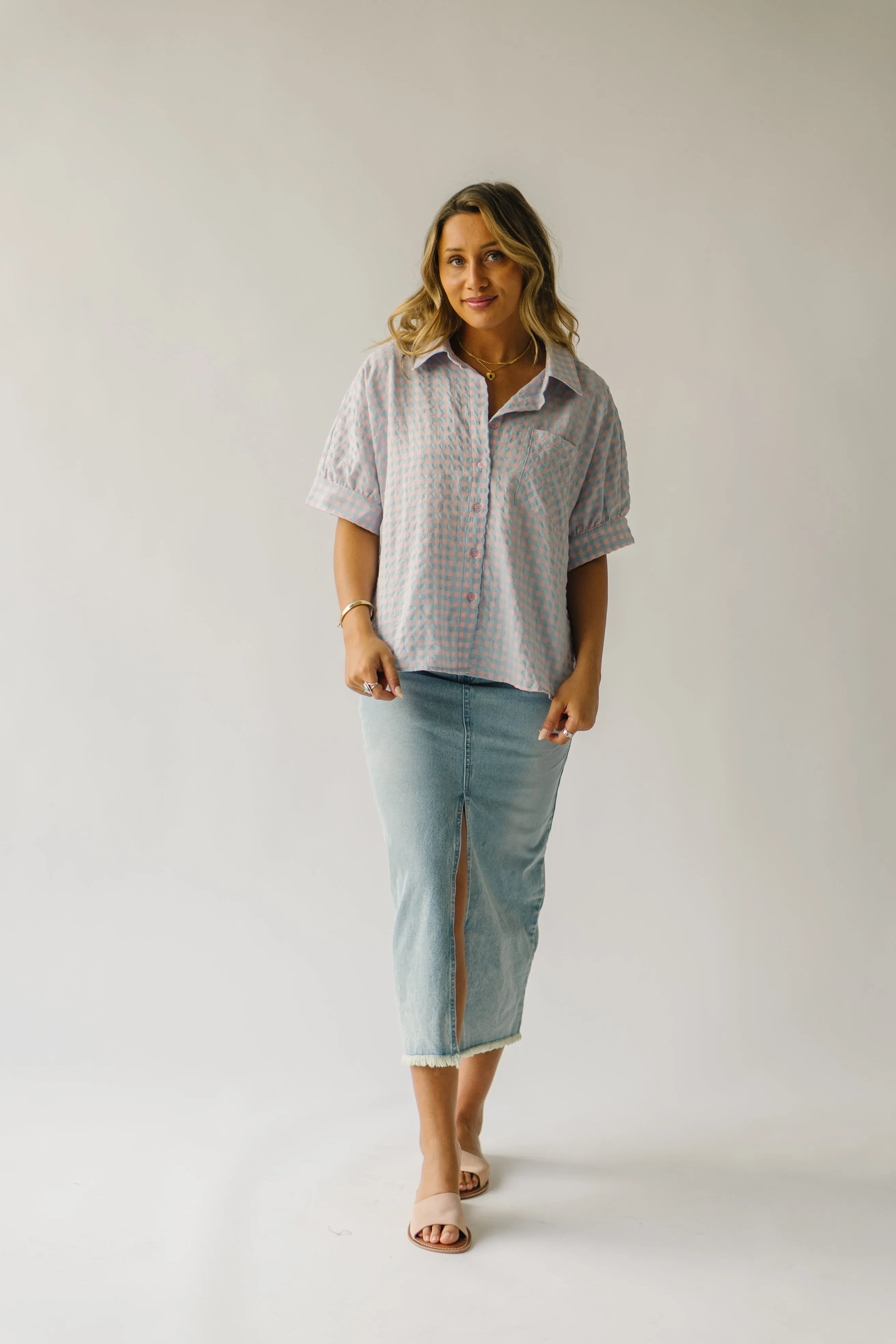 The Laia Checkered Button-Up Blouse in Sky Blue   Pink