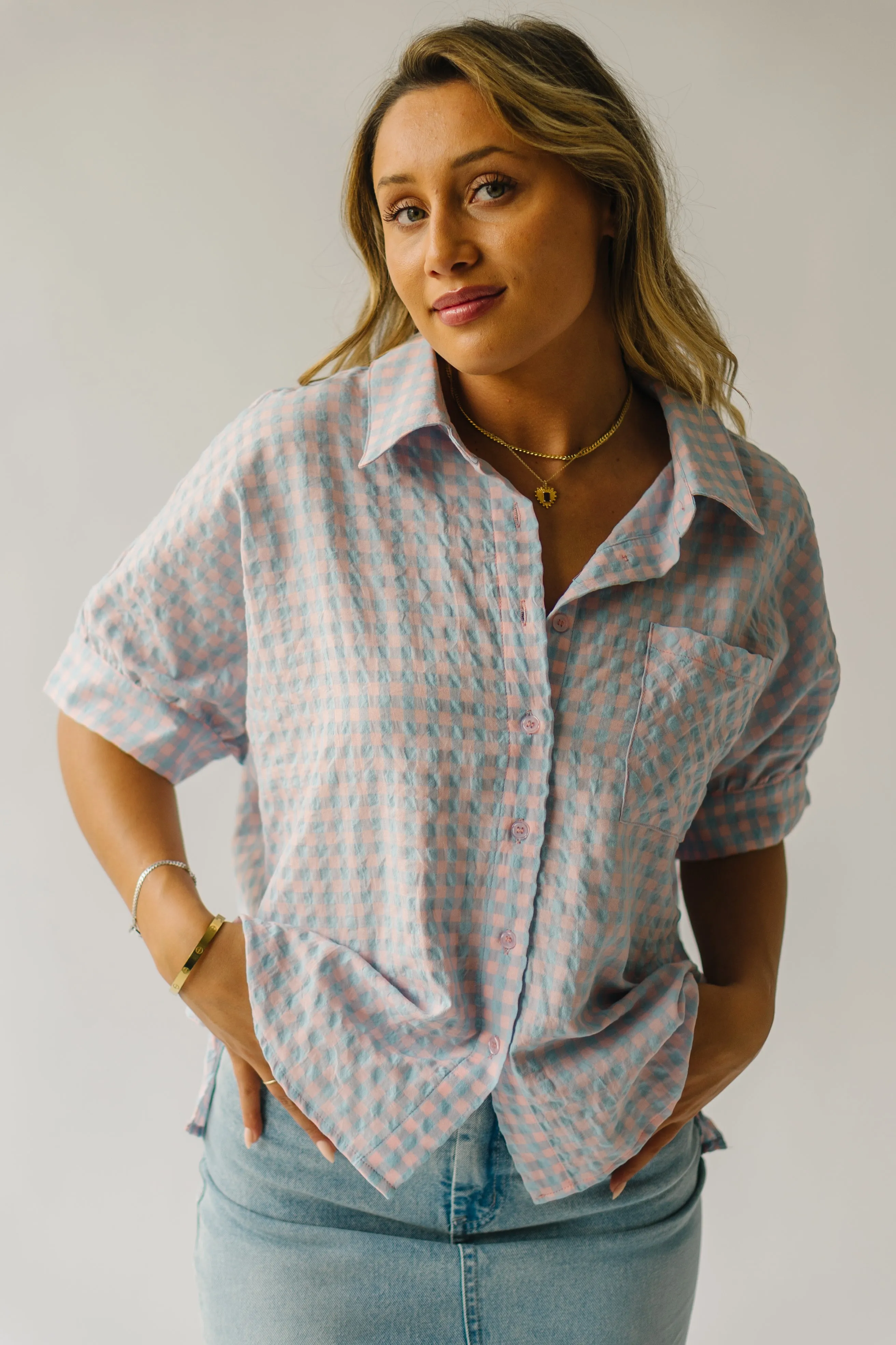 The Laia Checkered Button-Up Blouse in Sky Blue   Pink