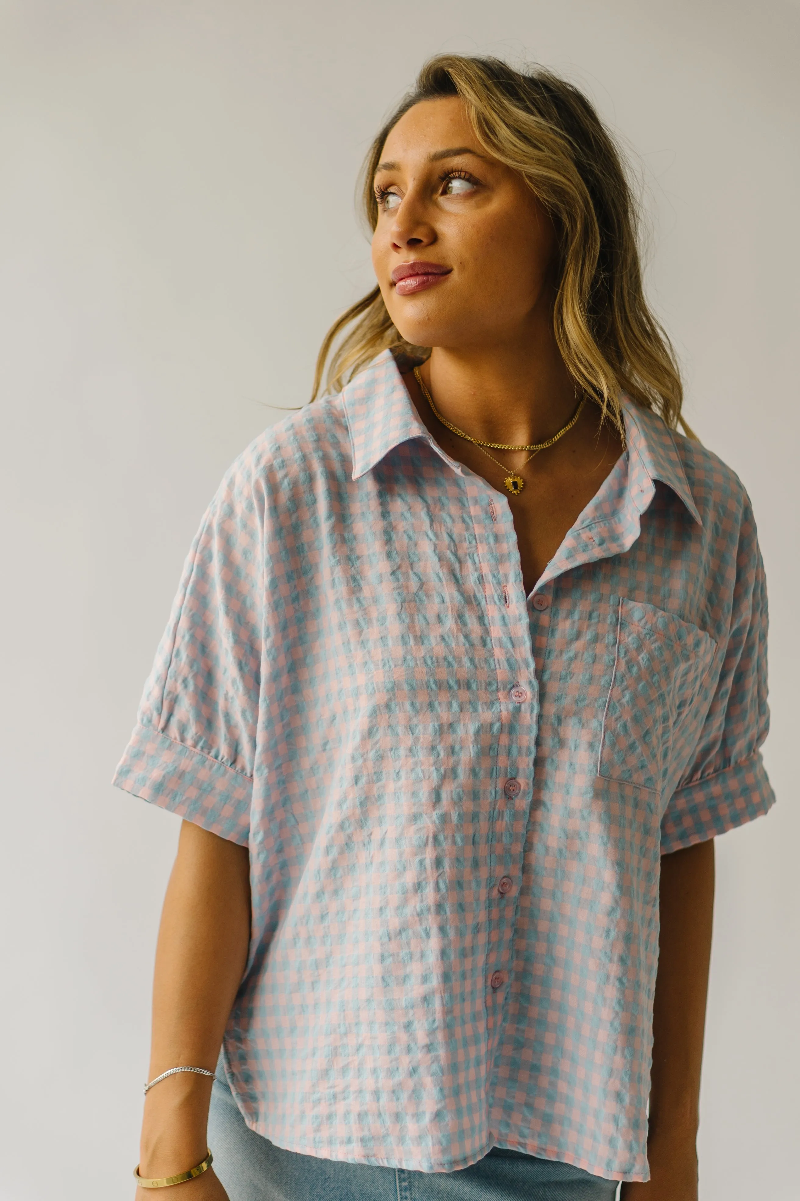 The Laia Checkered Button-Up Blouse in Sky Blue   Pink