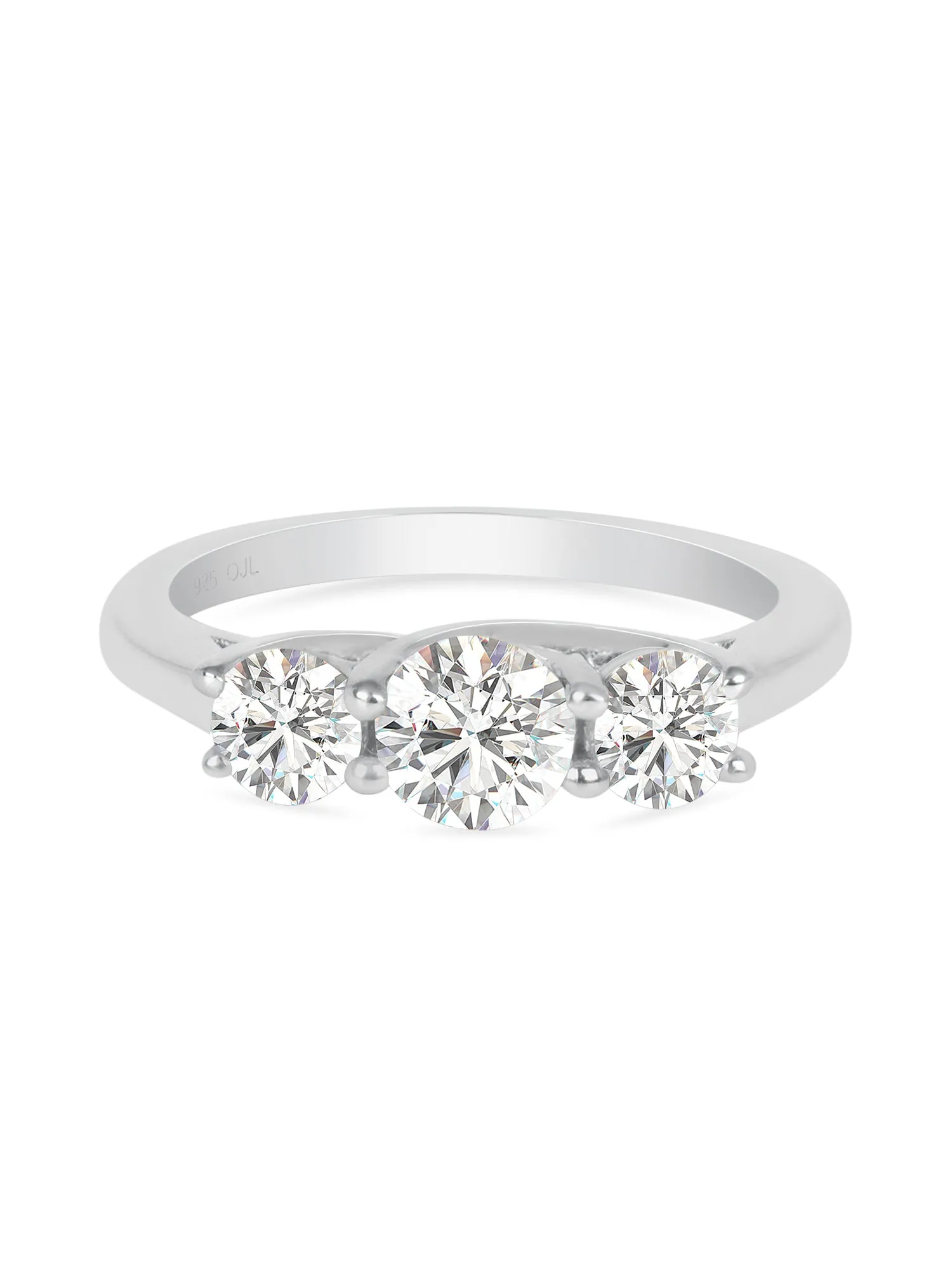 Three Stone American Diamond Pure Silver Ring For Women