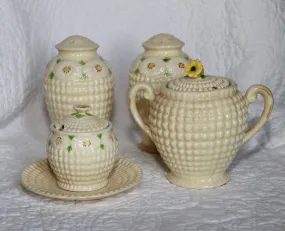 Vintage Hobnail Salt and Pepper Shakers and Sugar Server by Maruhon of Japan in Cream with Floral Daisy Accents. 7 Piece Set. Home Decor