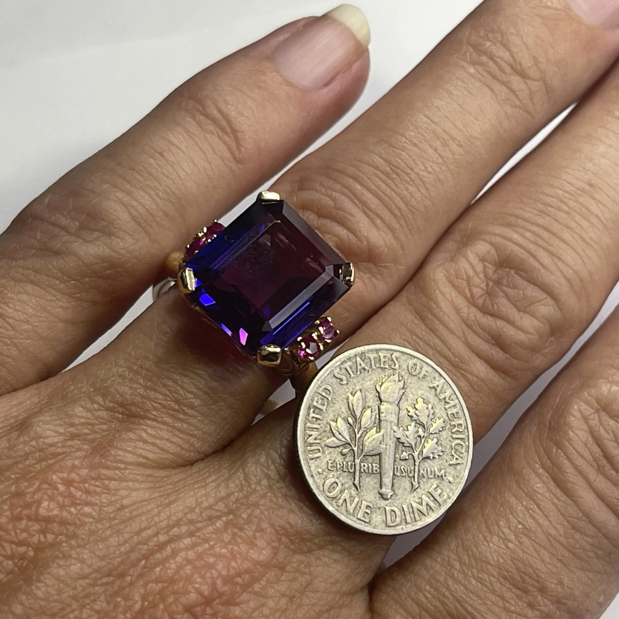 Vintage Purple Sapphire and Ruby Statement Ring in a 10k Yellow Gold. 1970s Sustainable Estate Jewelry.