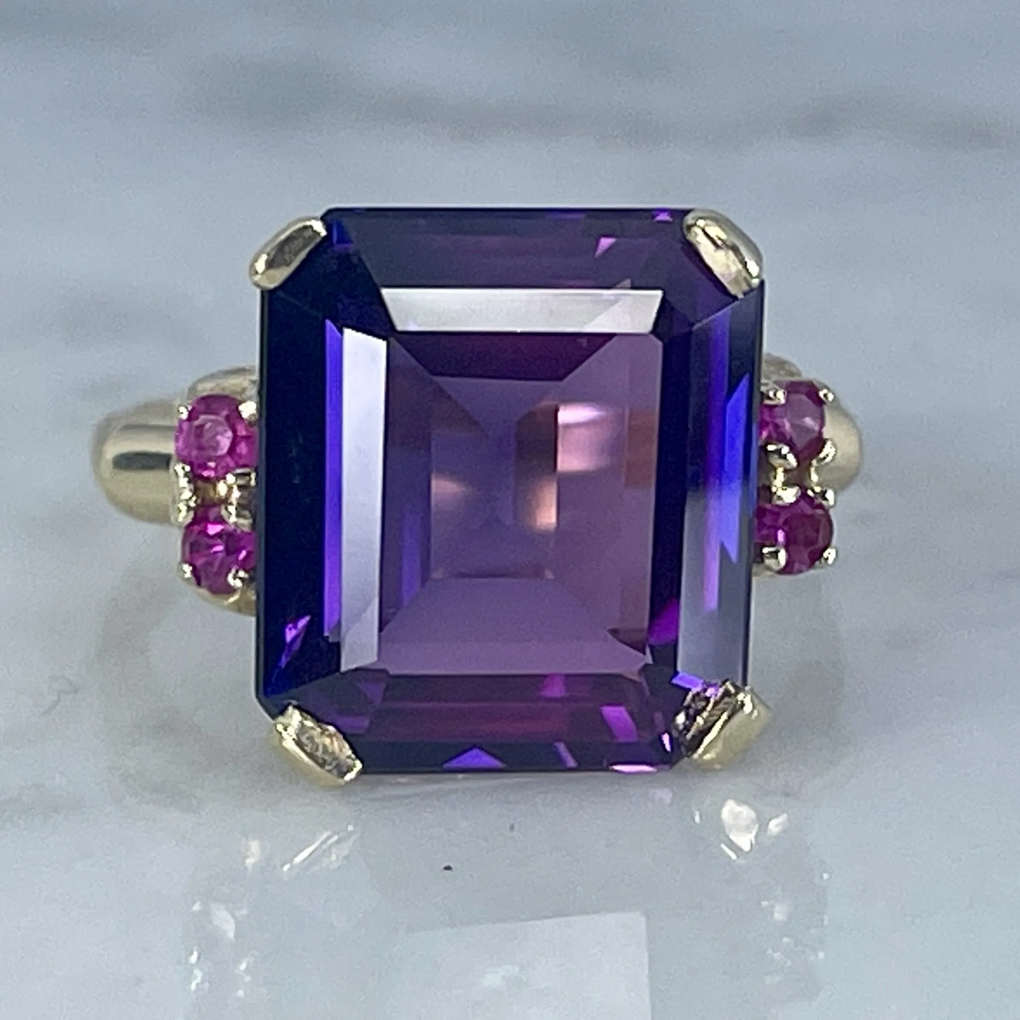 Vintage Purple Sapphire and Ruby Statement Ring in a 10k Yellow Gold. 1970s Sustainable Estate Jewelry.