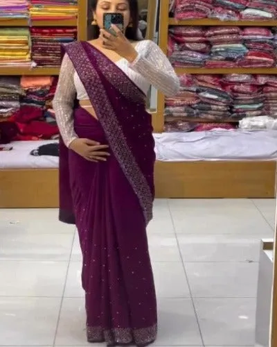 Wine Georgette Sequence Thread Work Saree