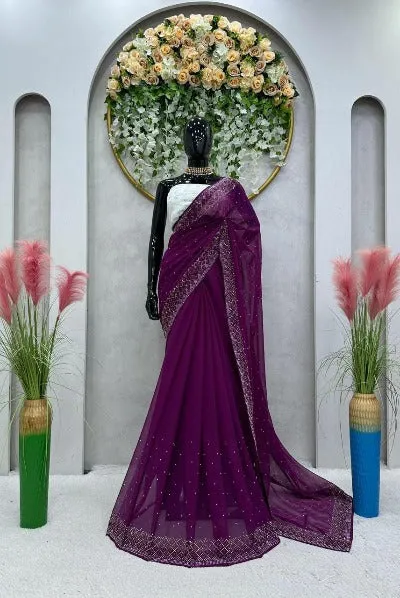 Wine Georgette Sequence Thread Work Saree