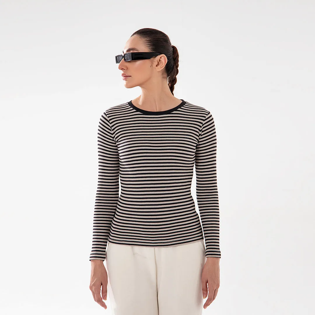 Women Beige Stripped Waffle Knit Top