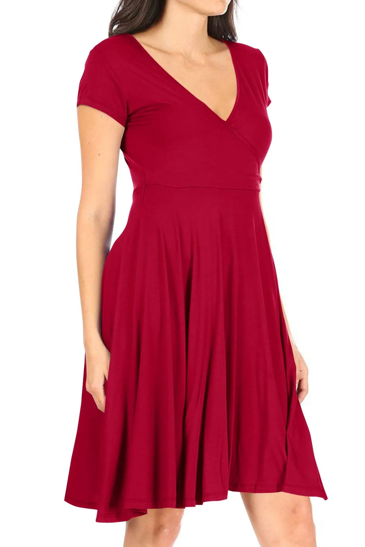 Women's Casual Stretch Flared Swing V-Neck Short Sleeve Midi Dress