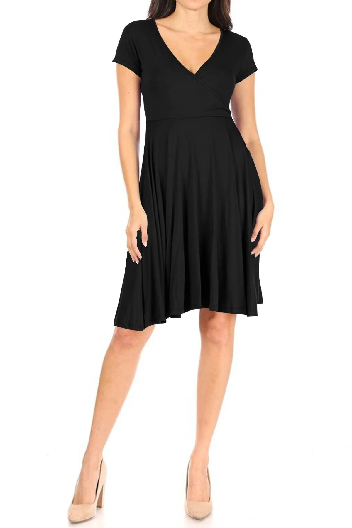 Women's Casual Stretch Flared Swing V-Neck Short Sleeve Midi Dress