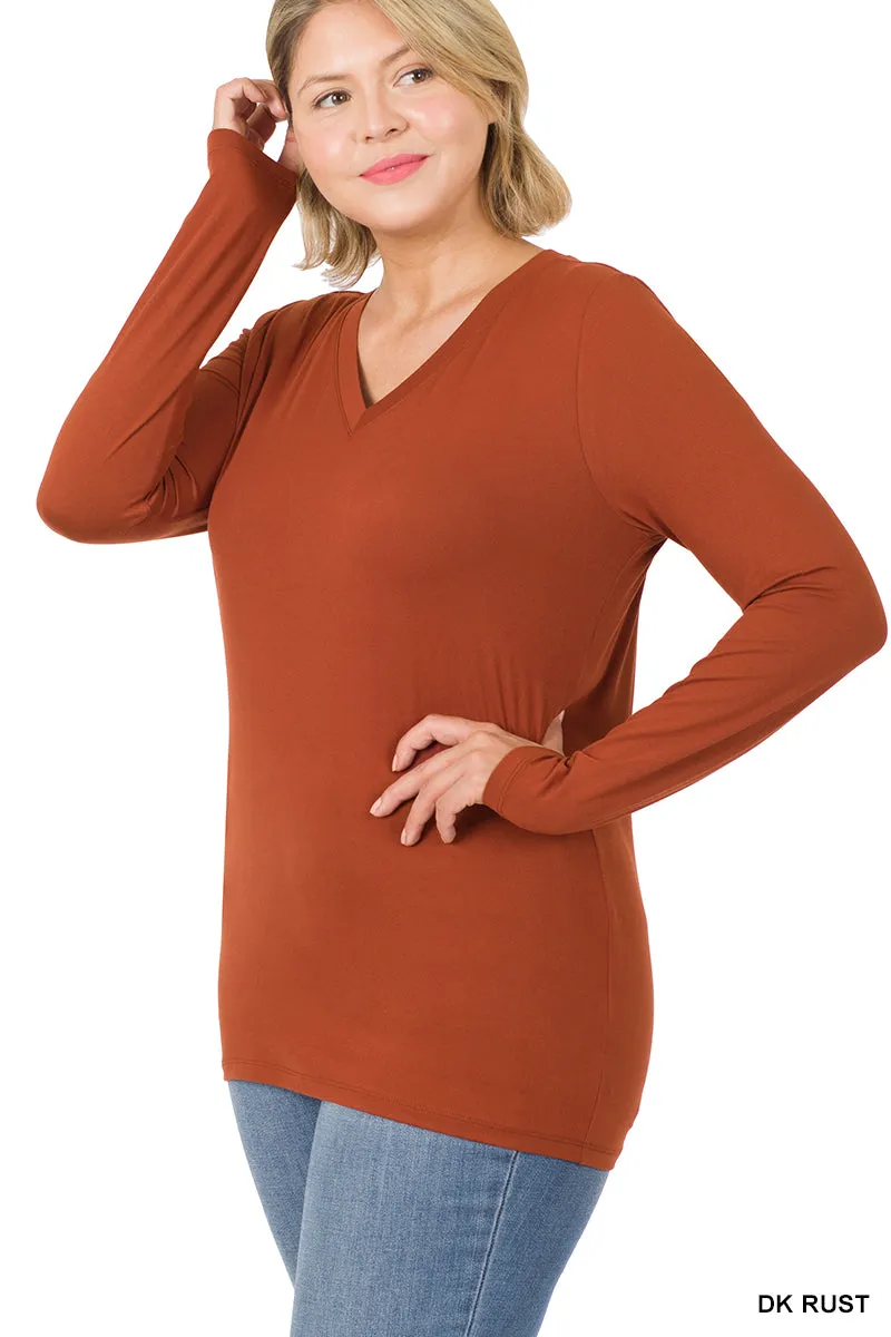 Zenana Brushed Microfiber Long Sleeve V-Neck Tee - Plus Size