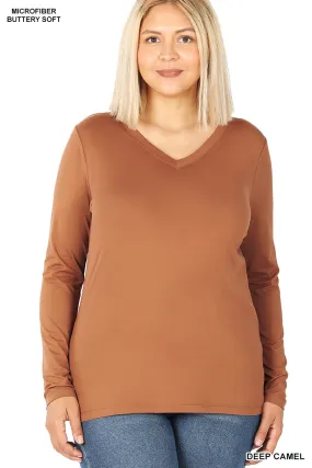 Zenana Brushed Microfiber Long Sleeve V-Neck Tee - Plus Size