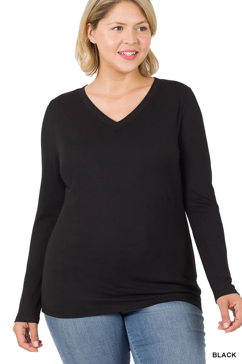 Zenana Brushed Microfiber Long Sleeve V-Neck Tee - Plus Size