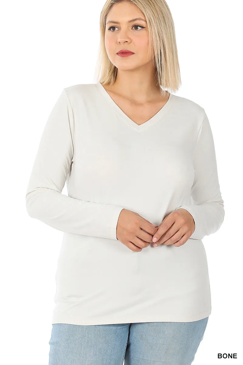 Zenana Brushed Microfiber Long Sleeve V-Neck Tee - Plus Size