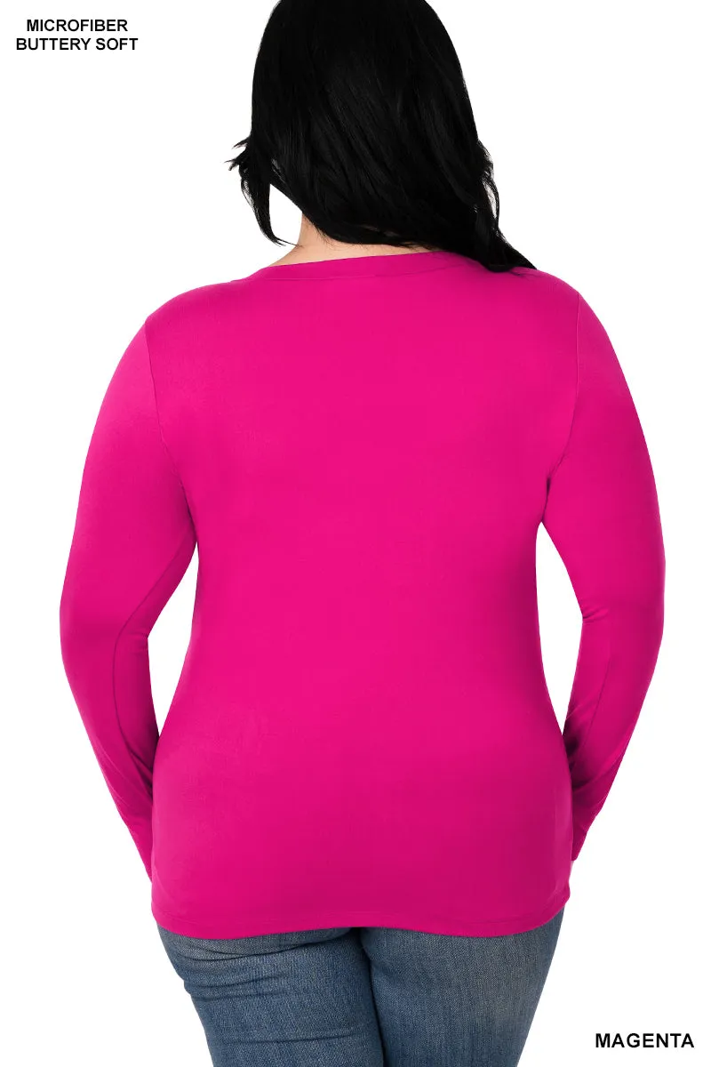 Zenana Brushed Microfiber Long Sleeve V-Neck Tee - Plus Size